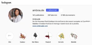 profil instagram Ambraude Art-Création, de l'Art Nouveau Post Exotique, Art Floral Végétal Tropical, défense de la nature